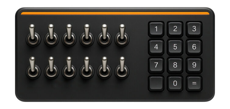 Dispatcher panel with an array of toggle switches and numeric keypad