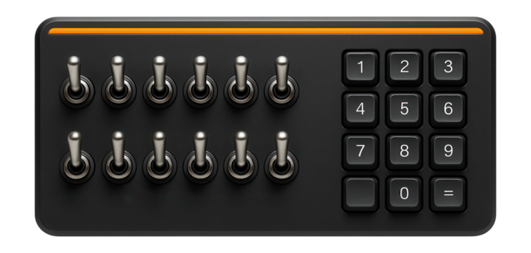Dispatcher panel with an array of toggle switches and numeric keypad