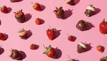 Illustration of chocolate covered strawberries pattern on pink background. Delicious dessert, sweet treat, romantic gift. Fresh red fruit snack covered brown chocolate. Food photography Valentines