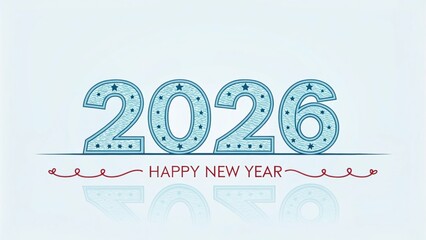 Fototapeta premium Happy new year 2026 text with festive design elements and reflections, isolated on a clean white background