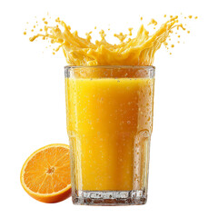 A glass of orange juice with a splash and a half orange on a black background isolated on transparent background