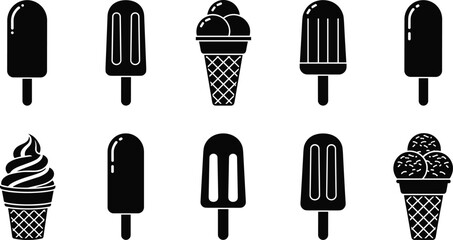 Set of ten black and white ice cream and popsicle icons — perfect for dessert design, summer branding, and food packaging