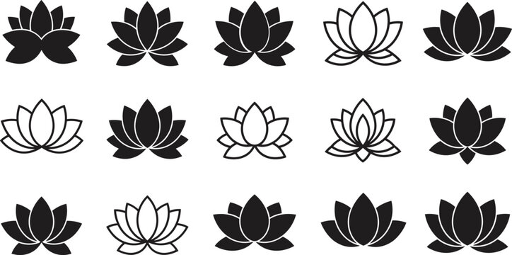 Set of sixteen lotus flower icons — filled and outlined symmetrical designs for wellness, spirituality, nature, tattoo, and decorative themes