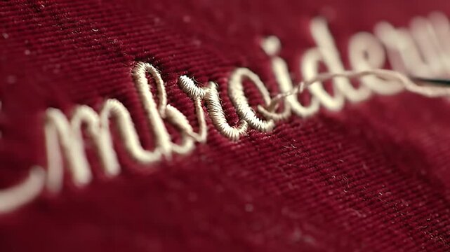 Close Up View of Cream Colored Embroidery Stitching on Rich Red Fabric Detailed Needlework and Texture Highlighting the Artisan Craftsmanship and