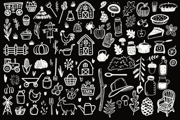 A collection of hand-drawn doodles featuring farm elements. Includes barns, animals, tools, plants, and harvest items on a dark background.