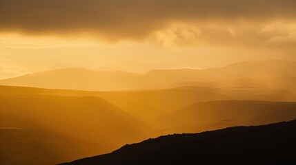 Obraz premium Abstract hillscape illuminated by golden light, casting warm tones over the stylized terrain. Blending smooth lines and vibrant hues in a modern, minimalist composition with artistic flair, capturing 