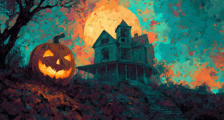 halloween poster, scary pumpkin and house, with fantastic background, generative ai