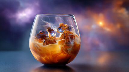 Cosmic Coffee Drink Iced Coffee with Cream in Glass, Nebula Background