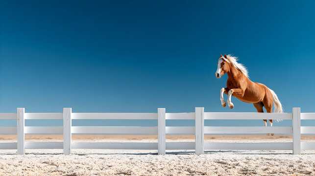 Majestic horse leaps gracefully over a white fence against a clear blue sky, showcasing the beauty and power of equine movement in nature. Selective focus