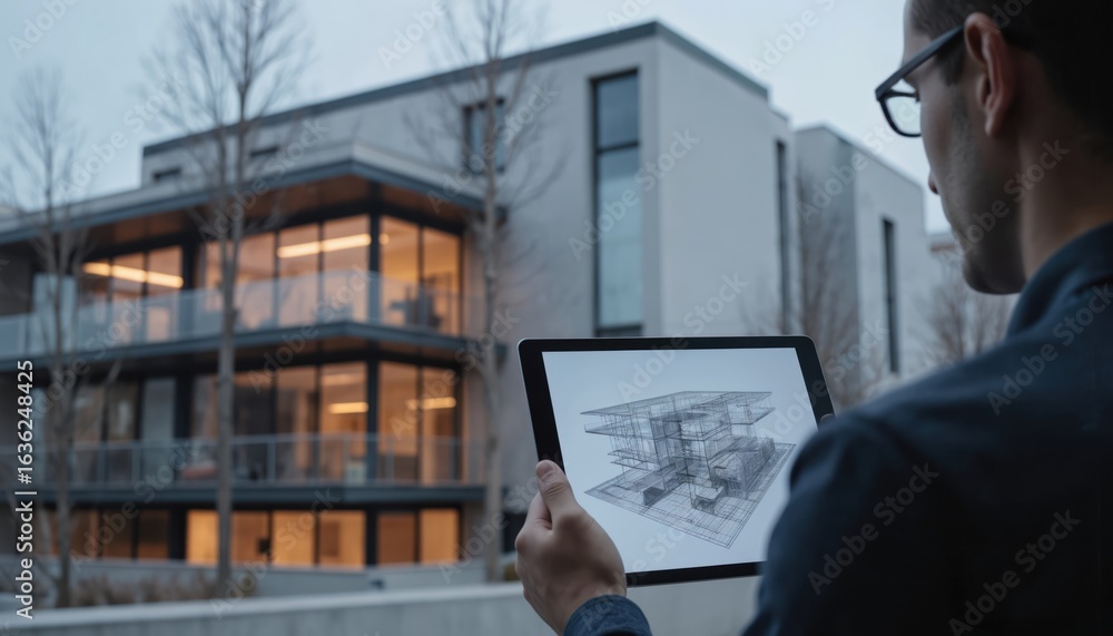 Aufkleber man uses tablet viewing 3d model modern building. architect, engineer, uses tech device for project 