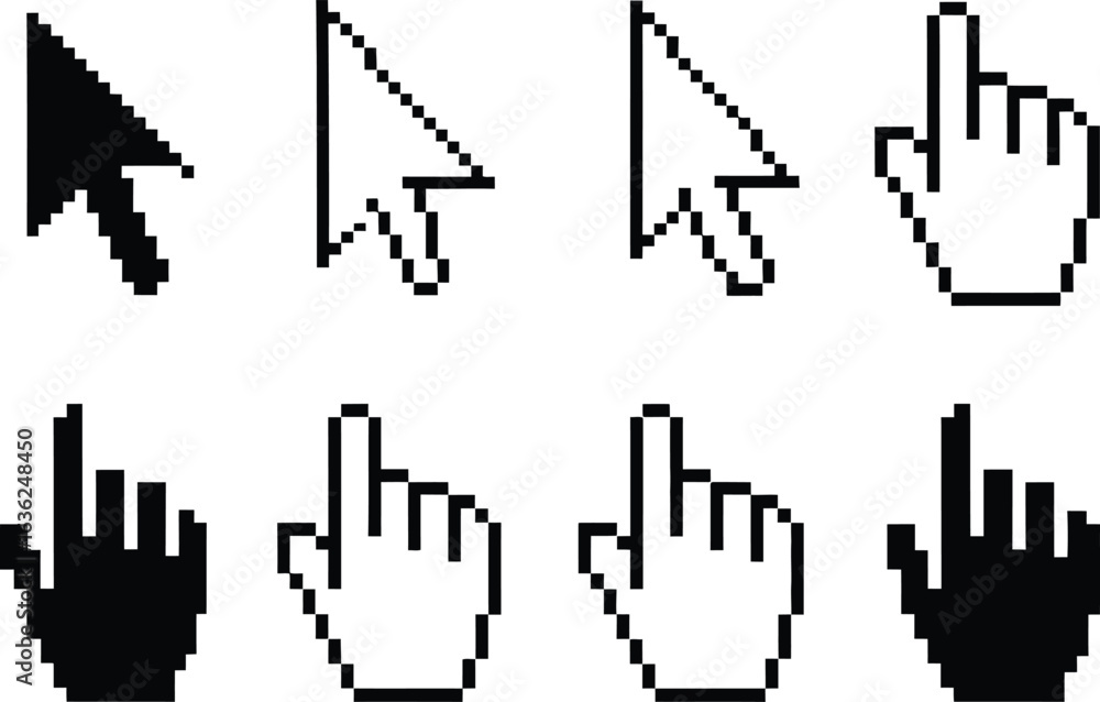 Poster assorted pixelated cursors and hand pointers in black and white colors