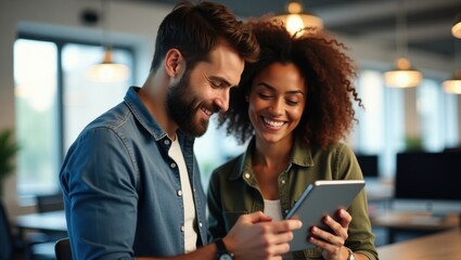 Two colleagues smiling while looking at a tablet in a bright office environment with modern lighting
