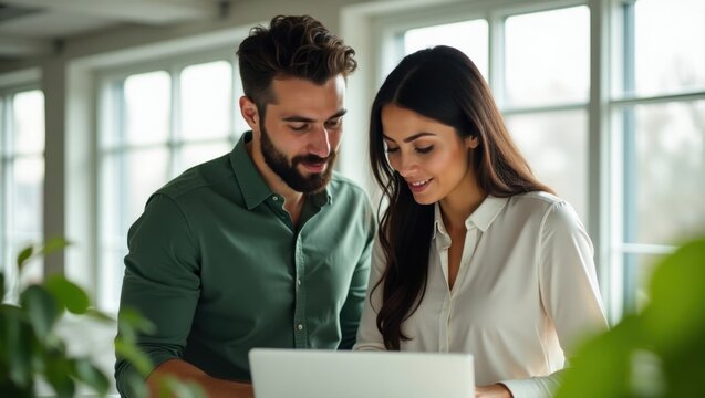 A man and woman looking at a laptop screen together in an office setting with natural light coming through