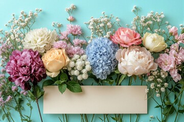Elegant floral arrangement with pastel flowers and blank card on a turquoise background. Ideal for invitations, greetings, or seasonal promotions. Soft, romantic, and stylish visual.