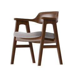 Mid-Century Modern Armchair, Sculpted Walnut Wood, Gray Cushion, Angled View 3D Render