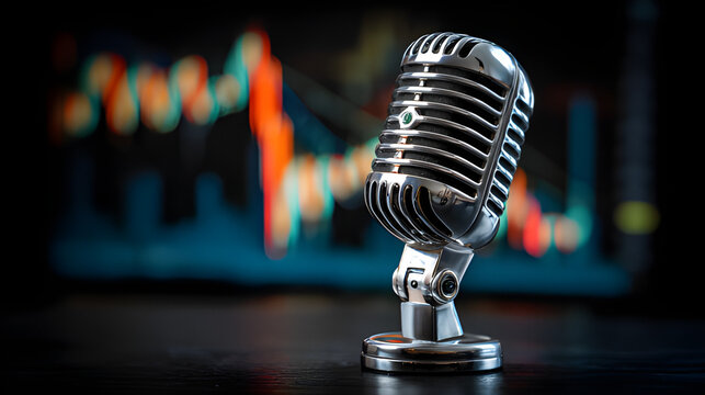 Vintage audio podcast microphone on a table with stock market growth line trend. 