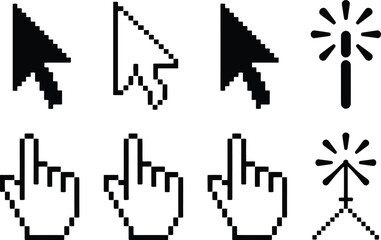 An illustration of various cursor designs in pixelated black and white