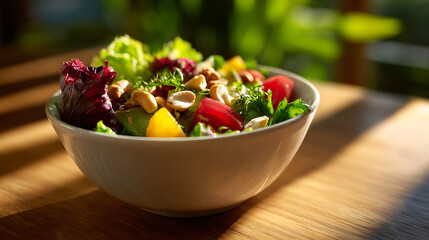 Fresh Vegetable Salad in White Bowl on Wooden Table in Sunlight
