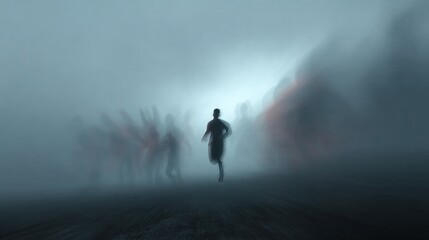Running through the fog a mysterious encounter in a dimly lit environment