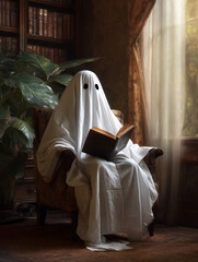 Ghostly Figure Reading an Old Book in a Vintage Library