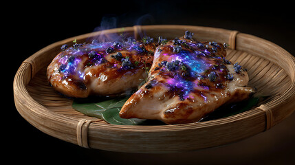 Glowing Grilled Chicken Breast with Purple Garnish on Bamboo Plate