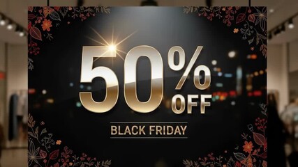 Eye-catching 50 percent off Black Friday sale sign banner graphic with floral design in a store setting for discount footage. - Powered by Adobe