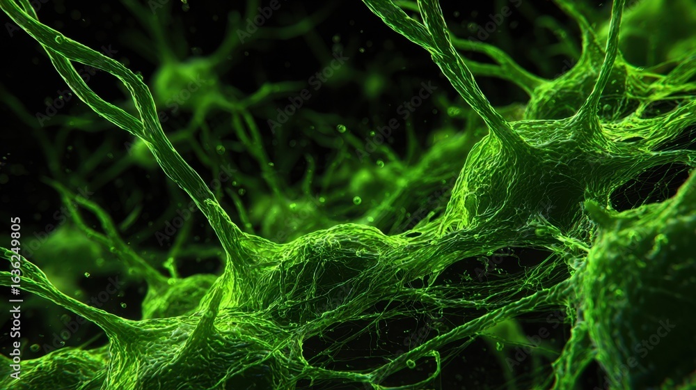 Poster abstract graphic representation of synaptic clefts immersed in vivid green neurotransmitter flood du