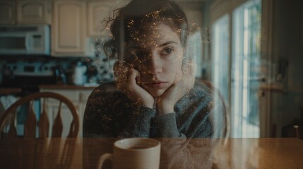 Contemplative woman drinking coffee at home emotional reflection indoor setting serene view