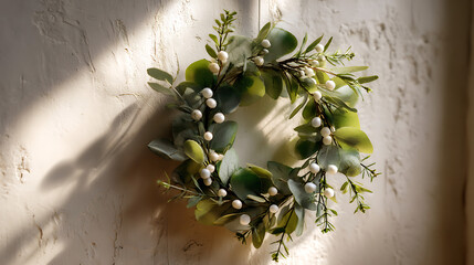Green Eucalyptus Wreath with White Berries on Beige Textured Wall in Soft Sunlight