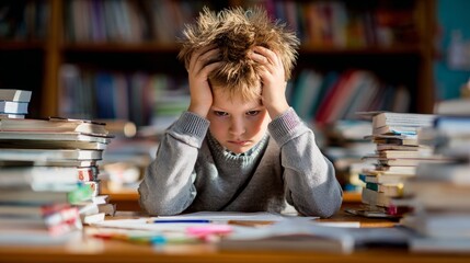 Child struggling with homework stress in an emotional learning environment of books