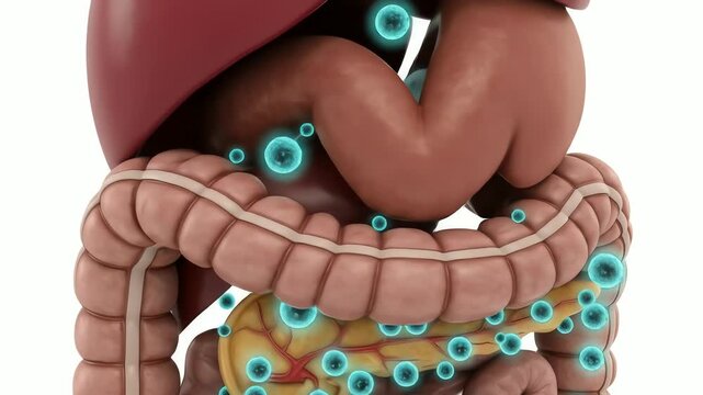 Human Digestive System with Molecules Exploring Intestinal Health for Medical Visualization, Science Education and Pharmaceutical Explanations.