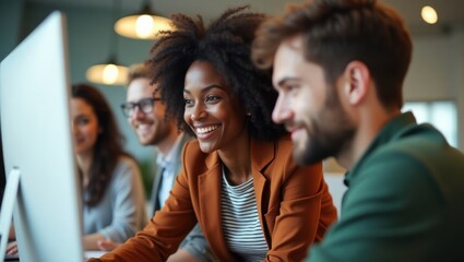 Group of smiling diverse professionals collaborating around a computer screen in an office setting