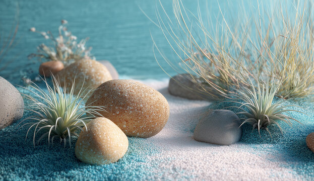 Smooth pebbles and delicate plants on a textured blue and white sandy surface beach stones
