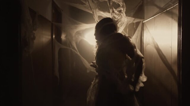 Frightening woman dead bride with Halloween zombie wounded makeup in convulsions wears spider web in corridor. Voodoo rituals.