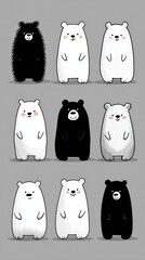 Cute cartoon bears in various colors and designs, standing together on a gray background, showcasing different expressions and styles