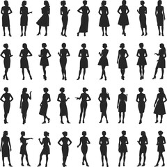 Large collection of business people silhouettes, featuring professional men and women in diverse standing poses. Vector set for presentations