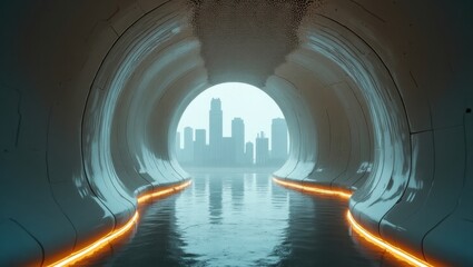 View of cityscape through futuristic tunnel with water and orange lights on the sides of the tunnel