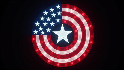 A patriotic display featuring an american flaginspired design with stars and stripes arranged in a circular pattern, illuminated with bright lights against a dark background, evoking a sense of nation