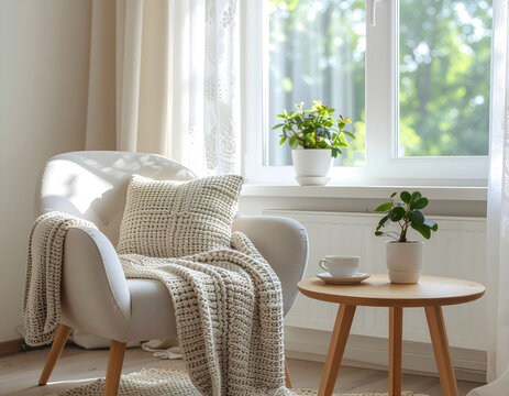 Living Room Corner with Armchair, Throw, and Teacup - Powered by Adobe