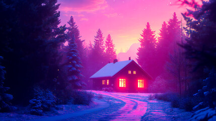 Naklejka premium Christmas background house near the Christmas trees