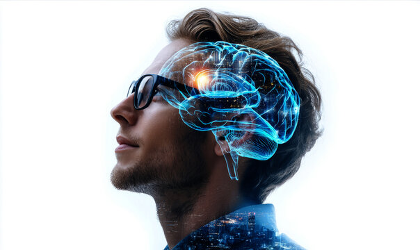 artificial intelligence concept with double exposure on a white background. A man in glasses is thinking about something futuristic and high-tech, glowing brain structure.	
