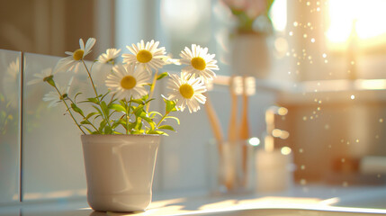 Fototapeta premium Eco friendly toothbrush and daisy arrangement by sink. toothbrush with blooming flowers instead of bristles, standing in a ceramic cup on bathroom sink, bright natural light, clean background AI gener