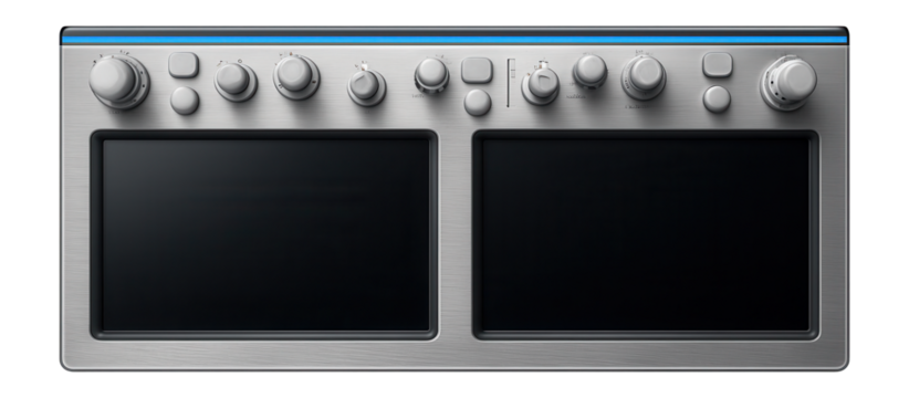 Commercial airliner instrument panel with dual digital displays and autopilot controls
