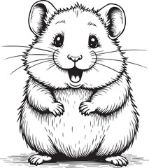 Whimsical Hamster in Joyful Pose: A delightful illustration of a hamster brimming with joy, rendered in an illustrative, artful black and white.