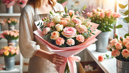 A bouquet of fresh flowers, featuring soft pink roses, white roses, peach carnations, and sprigs of greenery,