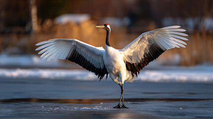 Fototapeta premium Red Crowned Crane Dancing on Icy Lake at Sunset