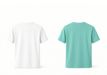 Two blank shirts viewed from the back—white on the left and light blue on the right—ideal for apparel mockups, fashion design templates, or e-commerce visuals.