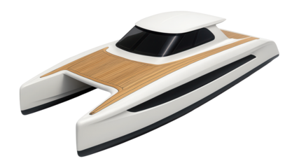Twin-hull catamaran with teak decking and integrated swim platform