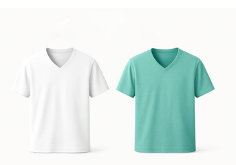 Naklejka premium White and teal V-neck shirts with short sleeves, displayed front-facing with clipping path—ideal for apparel mockups, retail templates, or fashion branding visuals.