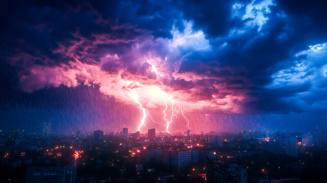 City being struck and surrounded by lightning during large thunderstorm in storm season, neighbourhood area